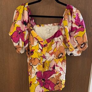 Nine West Floral Puff Sleeve Blouse - Pink, Yellow, Orange
